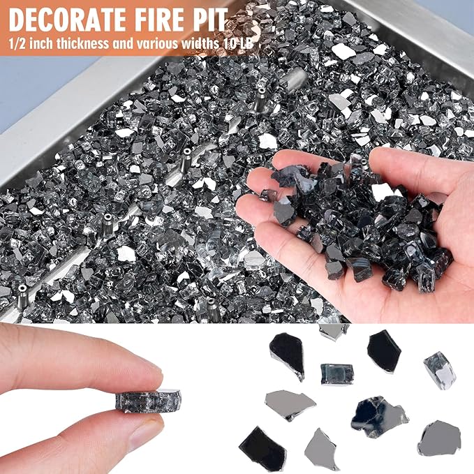 Mesida 1/4 Inch Black Reflective Fire Glass for Propane Fire Pit – 10 lb Tempered Fireplace Glass Rocks for Fire Pit Table, Gas Fireplaces, Fire Bowls & Outdoor Landscape Decor