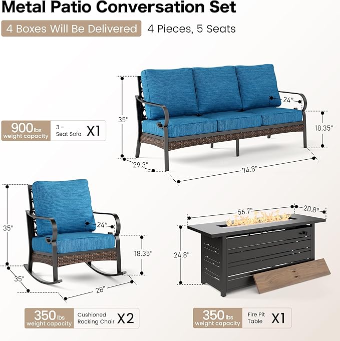 SUNSHINE VALLEY 4 Piece Black Metal Outdoor Patio Furniture Sets with Firepit Table, Patio Conversation Sets 1 3-Seater Sofa 2 Rocking Sofa with 5.75" Thick Cushion Backyard Furniture for Deck, Blue-2