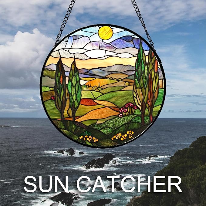 QZQCBLC Stained Glass Window Hanging Golden Sun Mountain Landscape 6.3" - Suncatcher Door Garden Sun Catcher Home Decor Birthday Christmas for Mom Men Woman Nana Friend