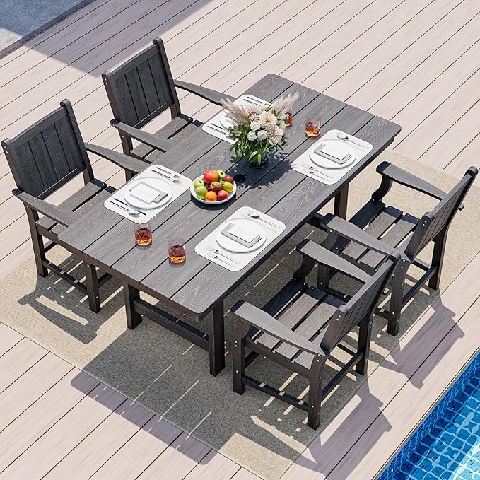 Pamapic 5-Piece Outdoor Dining Set, HDPE Outdoor Rectangular Table and 4 Chairs, Wood Grain Patio Furniture Sets with Armrest, All-Weather Patio Dining Table with Umbrella Hole, Gray