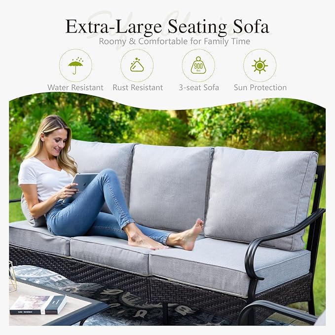 Sophia & William Patio Furniture Set with Fire Pit Table, 4 PCS Metal Outdoor Conversation Set with Fire Pit Table, 2 Swivel Chairs,3-Seater Couch for Outdoor Seating, Backyard, Porch(Grey)