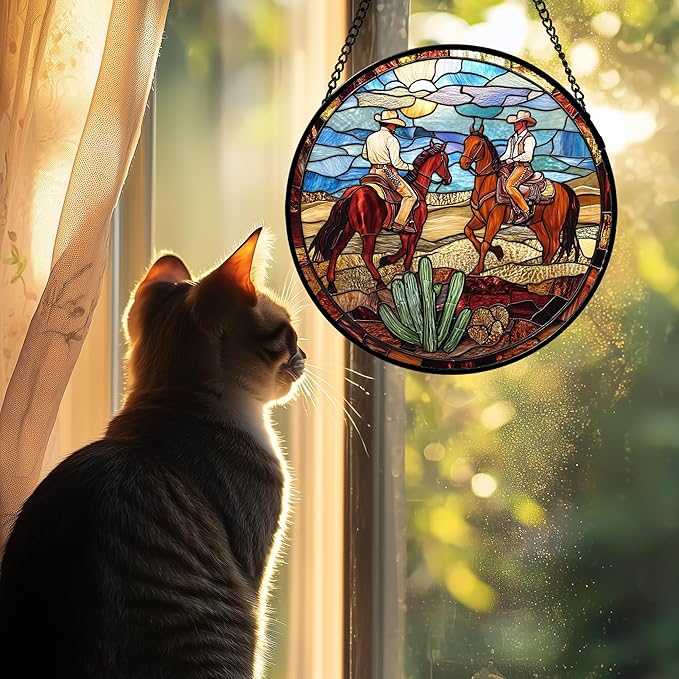 QZQCBLC Stained Glass Window Hanging Western Cowboys Riding Horses Large 15" - Suncatcher Door Garden Sun Catcher Home Decor Birthday Christmas for Woman Nana Friend Men Kids