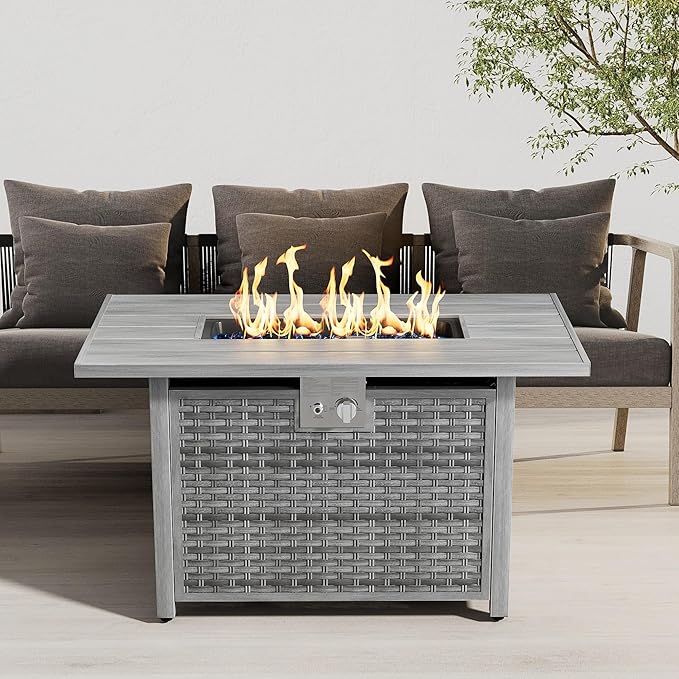 30" Round Propane Fire Pit Table - 50K BTU with Lid, Rocks Tank Storage and Cover - Round Gas Fire Pits for Outside Patio - Outdoor Table with Firepit (Grey, 43" Rectangular)