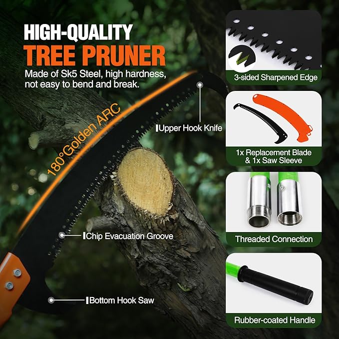 Lineslife Manual Pole Saw, 27ft Extendable Tree Pruner, Sharp Steel Blade and Scissors High Branches Trimming, Branch Trimmer for Pruning Palms and Shrubs