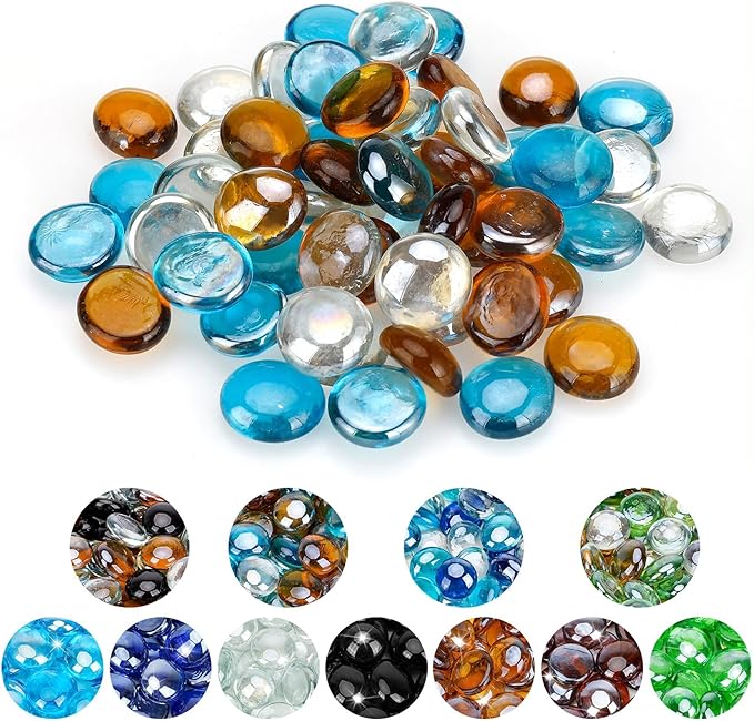 Mr. Fireglass 10 Pound Blended Fire Glass Beads, 1/2" High Luster Mixed Colored Fire Glass Drops for Fireplace Fire Pit & Lanscaping, Caribbean Blue, Crystal Ice, Caramel