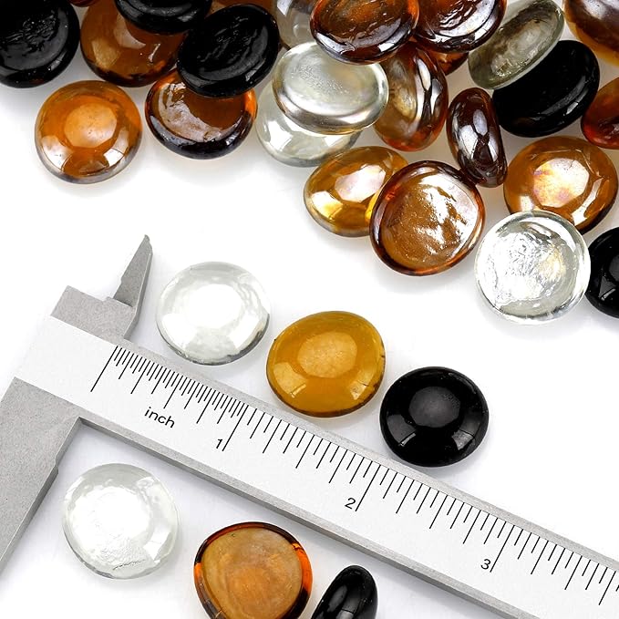 Mr. Fireglass 10 Pound Blended Fire Glass Beads, 1/2" High Luster Mixed Colored Fire Glass Drops for Fireplace Fire Pit & Lanscaping, Onyx Black, Crystal Ice, Caramel