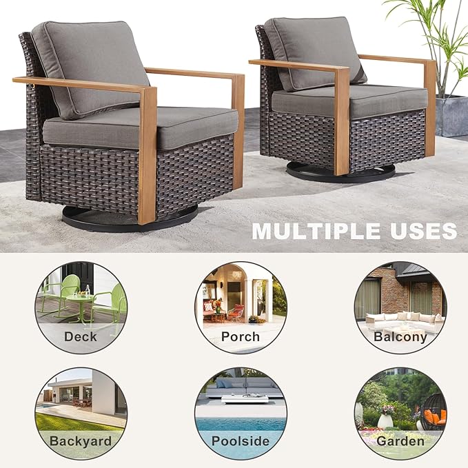 Rilyson Outdoor Wicker Patio Furniture Set - 4 Piece Patio Conversation Set with 2 Wicker Swivel Rocker Chairs,2 Rattan Ottoman, Thick Cushions, Deep Seating, Wide Armrest(Brown/Grey)