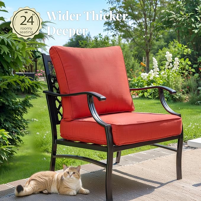 Patio Furniture Set, 4 Pcs Metal Outdoor Conversation Set, 2 Single Chairs and 3 Seater Sofa with 5.75" Extra Thick Cushion and Gas Fire Pit Table for Backyard Deck, Red