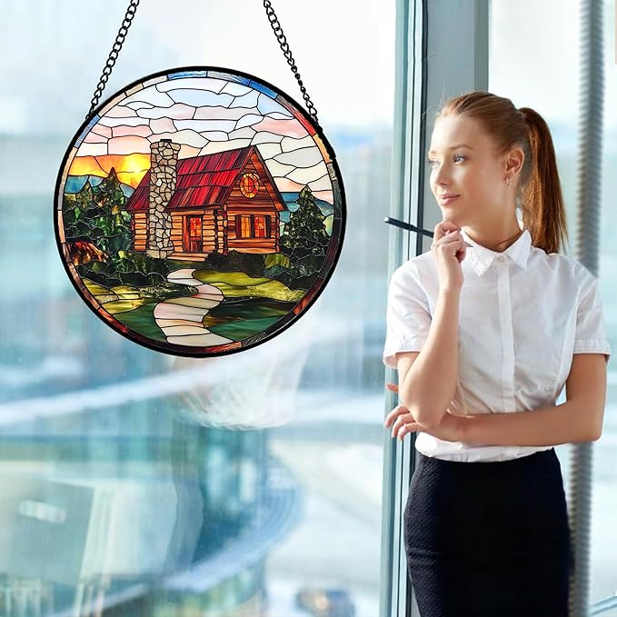 QZQCBLC Stained Glass Window Hanging Red Wooden House Pastoral Scenery 9.8" - Suncatcher Door Garden Sun Catcher Home Decor Birthday Christmas for Mom Men Woman Nana Friend