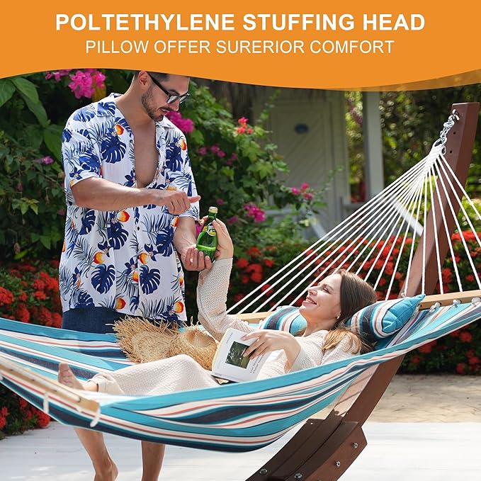 Lazy Daze Hammocks 12 FT Sunbrella Fabric Hammock not Fading with Spreader Bars and Free Pillow Fits for 2 Persons, All Weather and Fade Resistant for Patio Yard, 450 lbs Capacity, Token Surfside