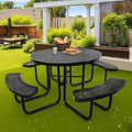 46" Round Top Outdoor Picnic Table Set for Up to 8 Persons, Outside Table Set with 4 Built-in Benches, Metal Commercial-Grade Dining Furniture with Umbrella Hole for Garden, Backyard, Porch, Patio