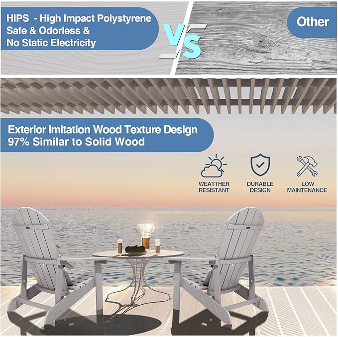 Adirondack Chairs Set of 2, All Weather Resistant Plastic Chairs with Cup Holder, 5 Easy Steps to Install, Outdoor Chairs for Patio, Garden, Backyard Deck, Lawn, Fire Pit - Grey