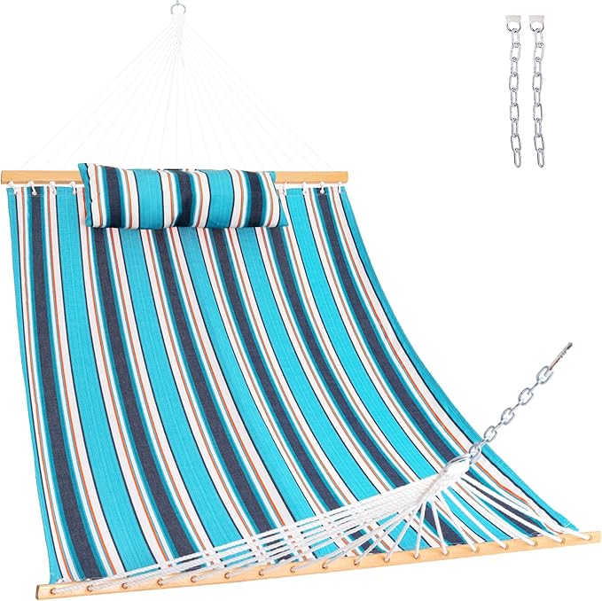 Lazy Daze Hammocks 12 FT Sunbrella Fabric Hammock not Fading with Spreader Bars and Free Pillow Fits for 2 Persons, All Weather and Fade Resistant for Patio Yard, 450 lbs Capacity, Token Surfside