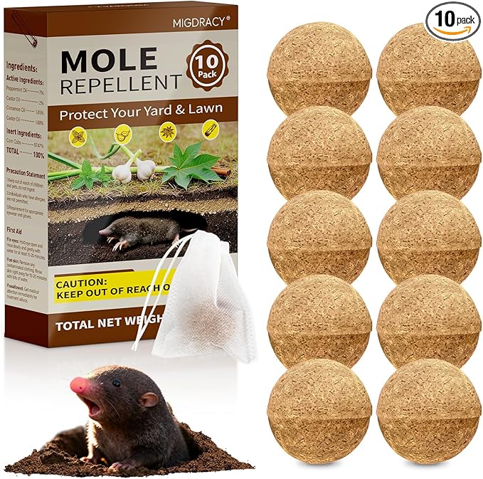 Powerful Mole & Vole Repellent Balls for Yard, Repel Groundhug, Armadillo, Mole, Vole, Gophers, Natural Essential Oil Formula, Safe for Kids & Pets, Long-Lasting Outdoor Yard Protection