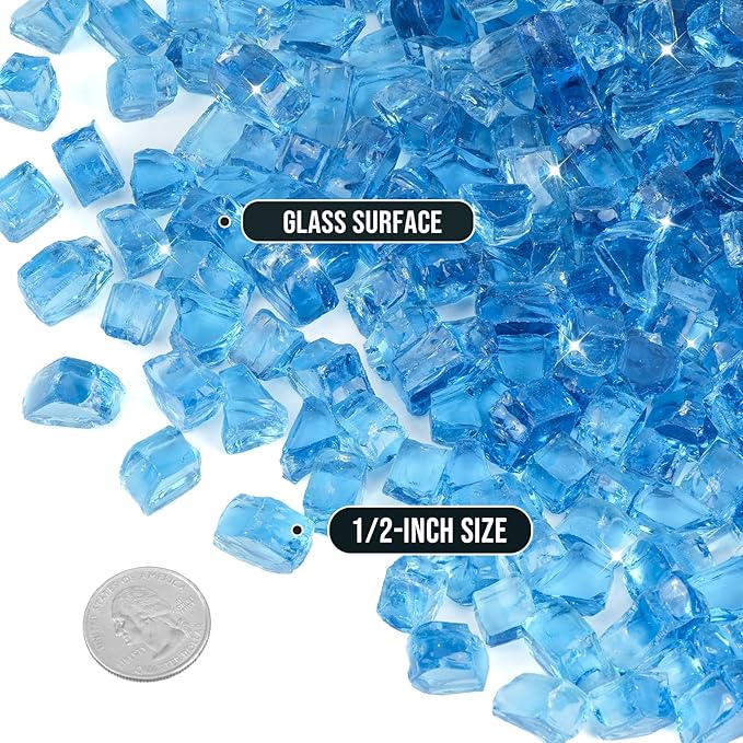 Skyflame High Luster 10-Pound Regular Fire Glass for Fire Pit Fireplace Garden Landscaping Pacific Blue 1/2" Size