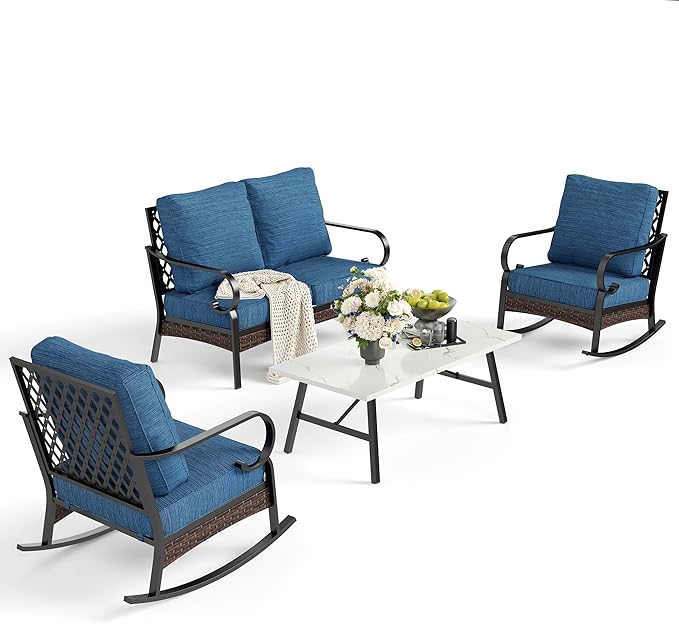 SUNSHINE VALLEY 4 Piece Metal Outdoor Patio Furniture Sets, Patio Conversation Sets 1 Loveseat, 2 Rocking Sofa with 5.75" Extra Thick Cushion and Coffee Table, Balck Frame Backyard Furniture, Blue-2