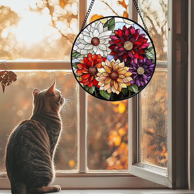 AMDERVEN Stained Glass Window Hanging, Colorful Flowers Sun Catcher for Window Door Home Decor Plant Suncatcher Christmas Mother's Day Birthday Gifts for Women Men Mom and Nana 11.8 in