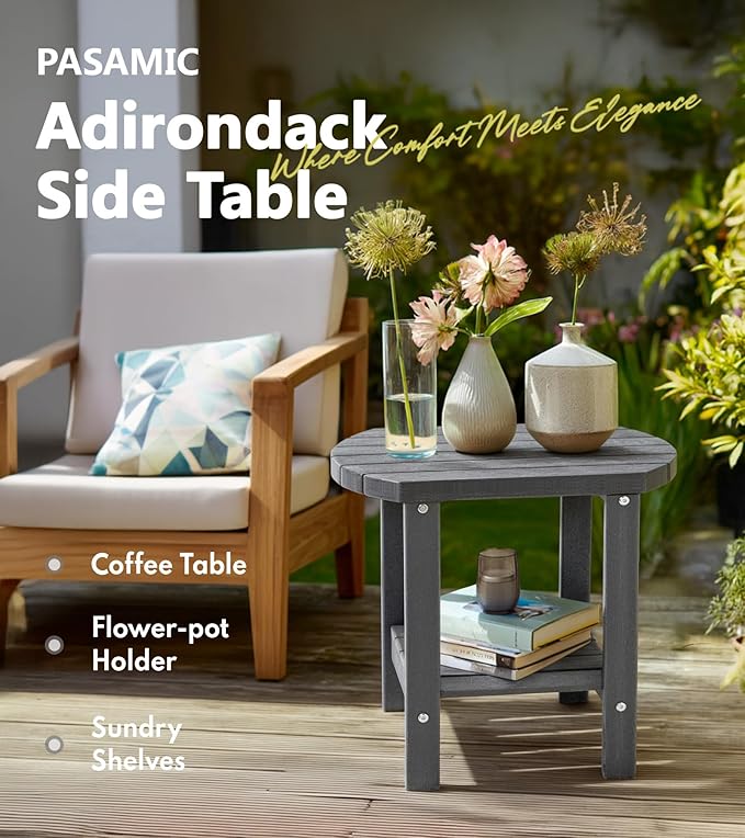 PASAMIC 2-Tier Adirondack Oval Outdoor Side Table, HDPE Small Outdoor Table, Patio End Table for Patio, Backyard, Weather-Resistant (Grey)