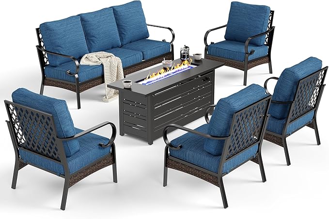 SUNSHINE VALLEY 6 Piece Black Metal Outdoor Patio Furniture Sets with Firepit Table, Patio Conversation Sets 1 3-Seater Sofa, 4 Single Sofa with 5.75" Extra Cushion Backyard Furniture for Deck, Blue-2