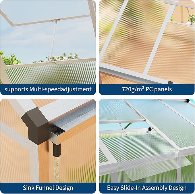 6x10 FT Greenhouse, Easy Assembly Aluminum Polycarbonate Greenhouses for Outdoors with Roof Vent and Ground Nails, Heavy Duty Aluminum Walk-in Greenhouse for Backyard, Sliding Lockable Door, Silver