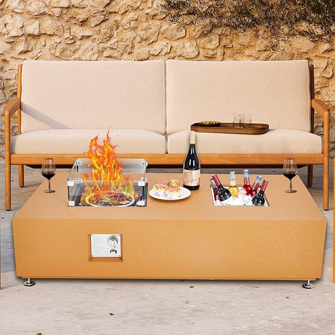 56 Inch Propane Fire Pit Table, Outdoor Gas Fire Pit for Patio with 50,000 BTU, Large Rectangular Fire Table Coffee Dining Bar Table, Firepit for Outside Deck Backyard，Yellow