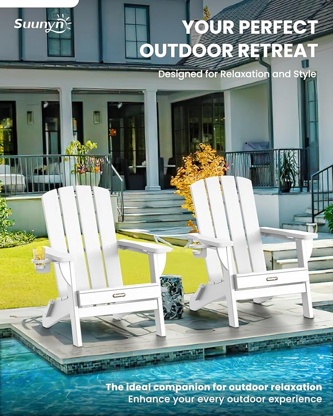 Folding Adirondack Chair, HDPE All-Weather Fire Pit Chairs, Plastic Adirondack Chairs with 2 Cup Holder, Outdoor Lawn Chair for Patio Garden (White)