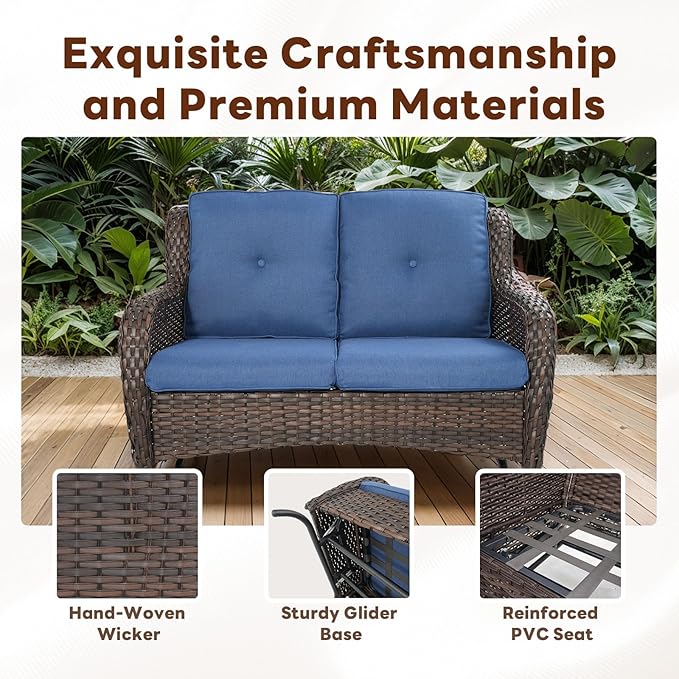 Belord 5 Piece Outdoor Patio Furniture Set - Outdoor Conversation Couch and Loveseat Glider Chair Furniture Set with Rattan Coffee Table for Deck Balcony Poolside Brown Wicker/Blue Cushions
