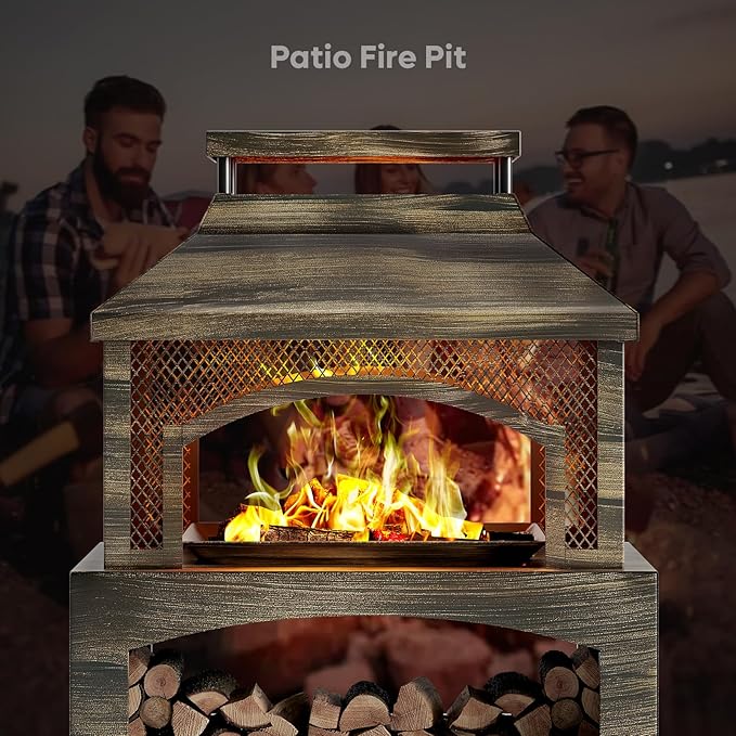 Bestier 37" Fire Pits, Wood Burning Fireplace for Outside Rectangular Chiminea Outdoor Firepits with Poker, Wood Storage, Rain Cover and Removable Fire Grill for Patio, Garden, Backyard, Camping