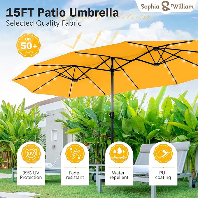 Sophia & William 15 ft Extra Large Patio Umbrella with Solar Lights, Rectangular Outdoor Umbrella with Base Included, Market Umbrella Double-sided Heavy Duty for Pool Garden Backyard, Golden yellow
