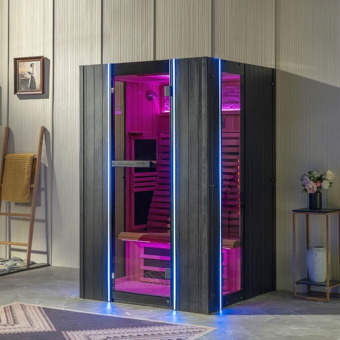 Woodbridge 2-Person Indoor FAR Infrared Black Sauna with WiFi-Enabled Smart Control, Crafted from Japanese Cedar – Features Red Light Therapy, Bluetooth Speaker, Chromotherapy Lighting