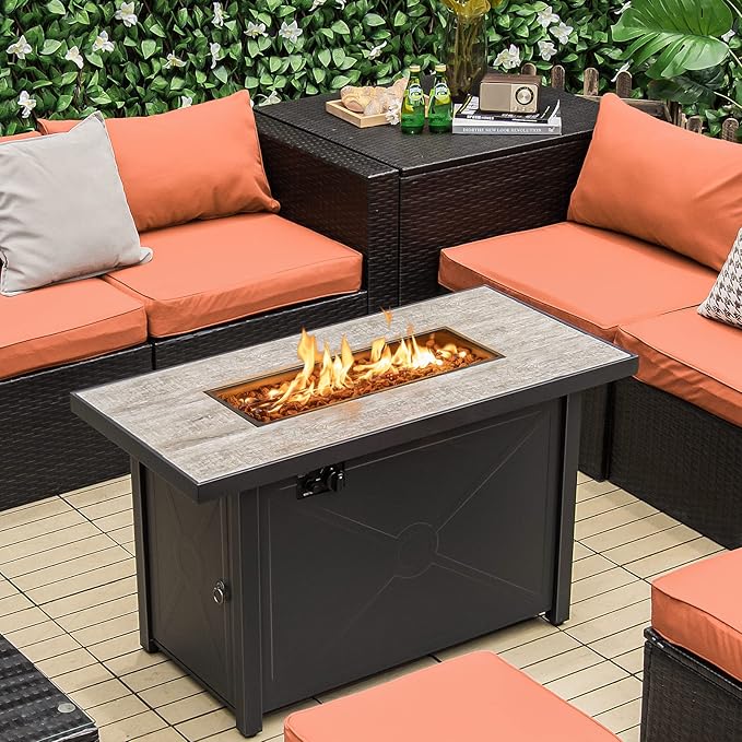 Tangkula 42 Inch Propane Fire Pit Table, Patiojoy 60,000 BTU Outdoor Rectangle Gas Fire Table with Ceramic Tabletop, Lava Rocks & PVC Cover Included, Auto-Ignition Propane Heater for Backyard, Patio