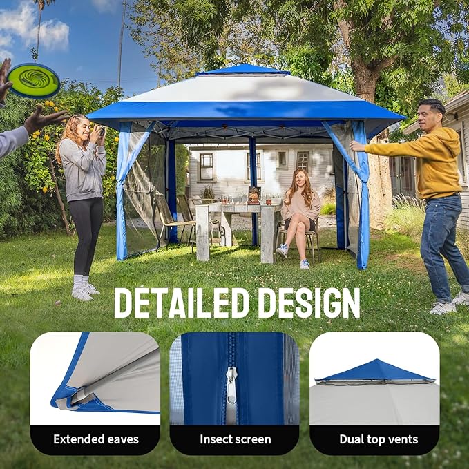 CROWN SHADES 13x13 Pop Up Gazebo, Canopy Tent, Gazebos on Clearance - Outdoor Gazebo for Backyard & Patio Furniture - Carpa Pop Up Tent with Wheeled STO-N-Go Cover Bag (Blue & Grey)