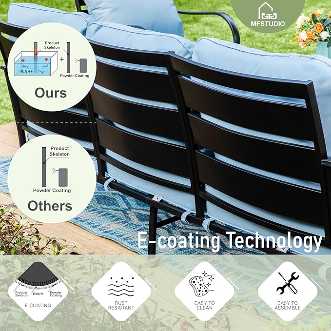 MFSTUDIO 4 Pieces Patio Conversation Sets(5 Seat), Outdoor Metal Furniture Sofa Set with 1 Loveseat(3 Seat), 2 Swivel Chairs, 1 Coffee Table, Steel Frame Patio Sets with Blue Cushion for Garden