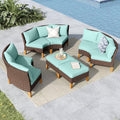 MFSTUDIO 8 Pieces Wicker Patio Furniture Set, All-Weather Rattan Outdoor Half-Moon Sectional Sofas Patio Conversation Set for Garden, 3 x Curved Sofa, 2 x Ottomans(Aqua Blue Cushion)