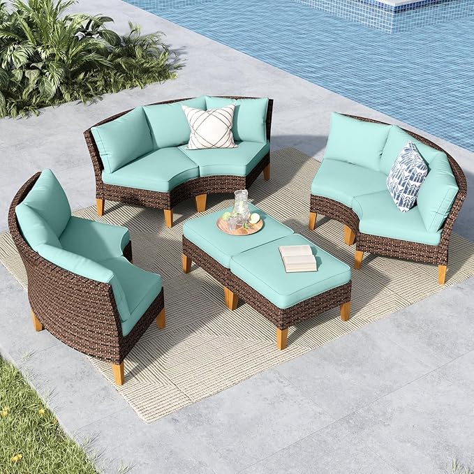 MFSTUDIO 8 Pieces Wicker Patio Furniture Set, All-Weather Rattan Outdoor Half-Moon Sectional Sofas Patio Conversation Set for Garden, 3 x Curved Sofa, 2 x Ottomans(Aqua Blue Cushion)