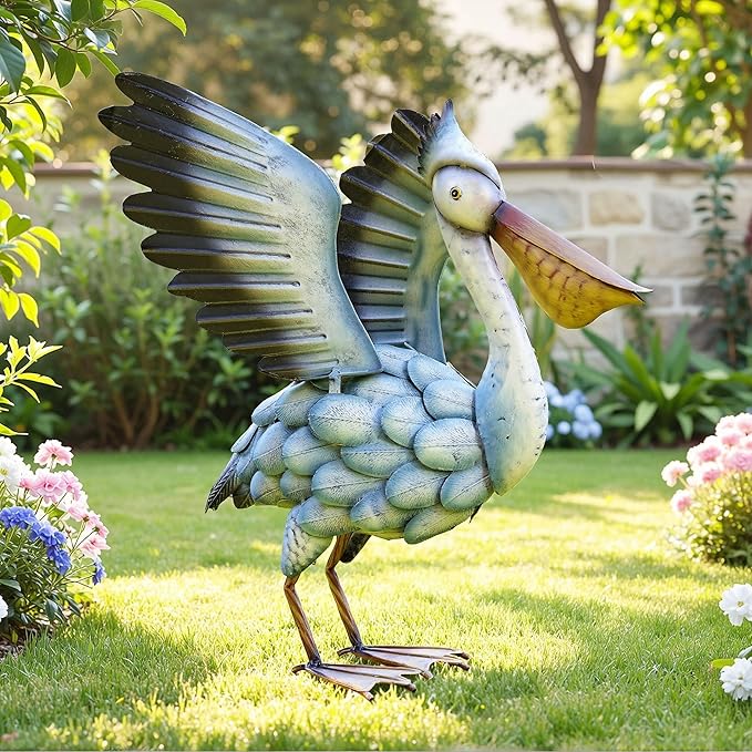 Ultym 18.5" Metal Pelican Yard Decor - Handmade Large Coastal Ocean Bird Sculptures with Stable Ground Stakes, Backyard Decoration, Metal Garden Art