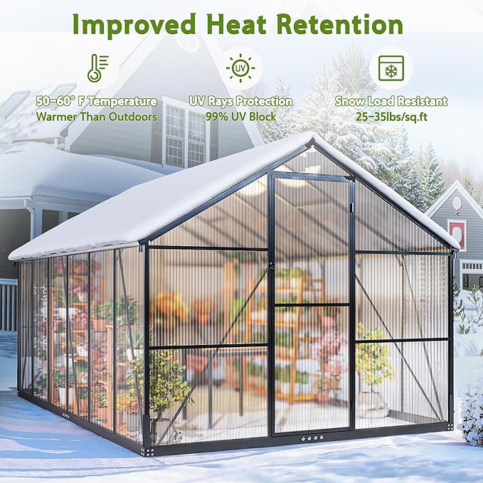 Wanan 12x8FT Greenhouses for Outdoors, Quick Assembly Polycarbonate Green House with UV Protection, Heavy Duty Windproof Aluminum Frame, Adjustable Roof Vent for Backyard or Outdoor Garden Use