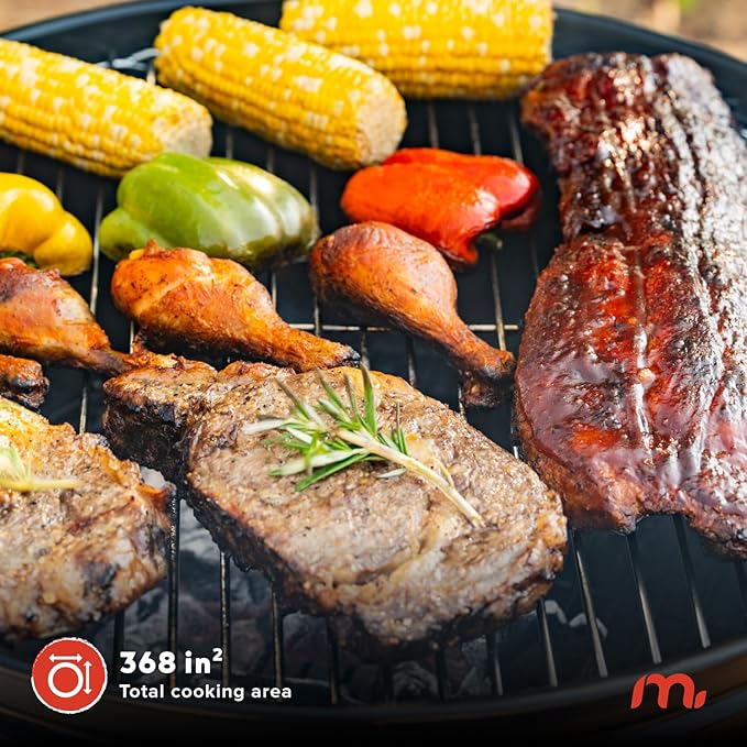 Megamaster 22" Deluxe Charcoal Barbecue Grill with Adjustable Air Vent, Built-In Temperature Gauge, 368 SQ. In Cooking Area, Storage Rack, Portable Grill for Camping, Picnics, and More - 810-23003