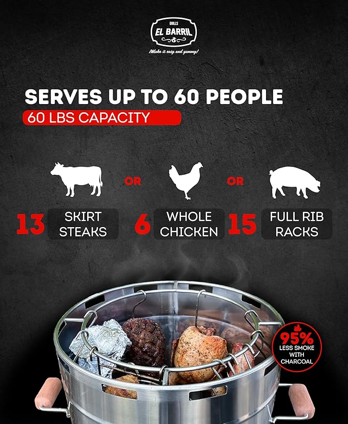 El Barril Lite Medium Barrel Smoker Grill, Stainless Steel 430, Meat Hooks, Upper Grill and Handler, Portable Charcoal BBQ (Lite 60LBS Extra Large)