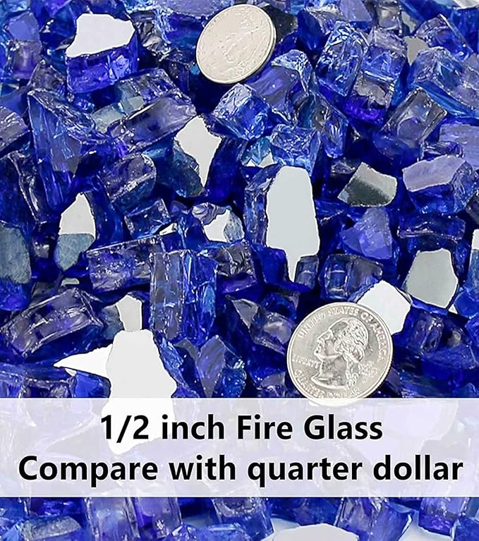 GRISUN Blue Fire Glass for Fire Pit, 20 Pounds 1/2 Inch High Luster Reflective Tempered Glass Rocks for Natural or Propane Fireplace, Safe for Outdoors and Indoors Firepit Glass