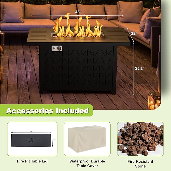 Dineli 43-Inch Rectangular Propane Fire Pit Firepits for Outside Patio Fire Pit Table, Gas Fire Pits with Adjustable Feet, Tabletop Fire Pits for Backyard Deck Balcony, 50,000 BTU, Black
