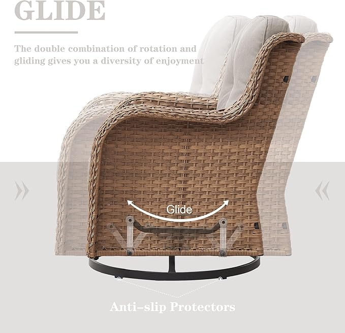 Belord Outdoor Swivel Rocker Patio Chairs - 360 Degree Swivel Glider Seating 350LBS Weight Capacity 3 Piece Wicker Rocking Chairs Set with Side Table for Porch Balcony Deck, Yellow/Beige