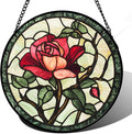 AMDERVEN Stained Glass Window Hanging, Red Rose Flowers Sun Catcher for Door Garden Home Decor Suncatcher Christmas Mother's Day Birthday Gifts for Women Lovers Men Wife Girlfriend Mom Nana 9.8 in