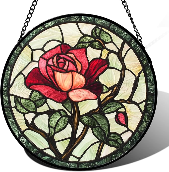 AMDERVEN Stained Glass Window Hanging, Red Rose Flowers Sun Catcher for Door Garden Home Decor Suncatcher Christmas Mother's Day Birthday Gifts for Women Lovers Men Wife Girlfriend Mom Nana 6.3 in