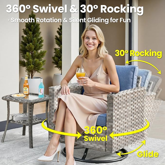 ovios 8 Pieces Patio Furniture Set, Outdoor Wicker Sectional Sofa with Swivel Chair Coffee Table, Modern Modular Deep Seat Rattan Couch Conversation Sets, Denim Blue