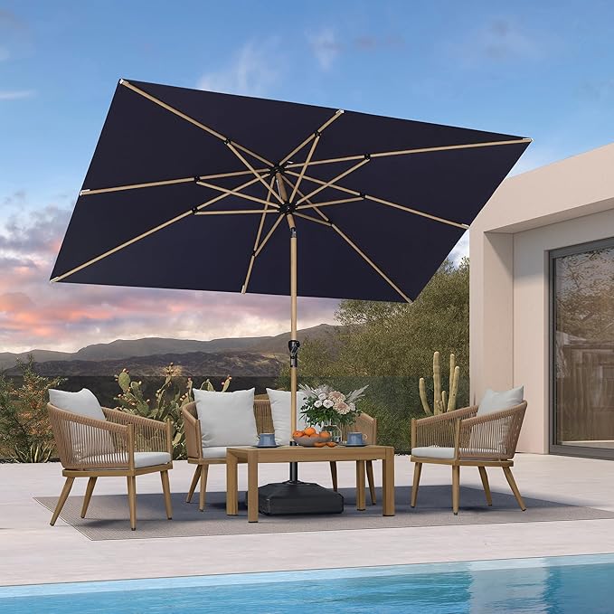 PURPLE LEAF 6.5' x 10' Outdoor Umbrella with Base Patio Umbrella Rectangular Outdoor Table Umbrella with Push Button Tilt & Crank and 8 Ribs Aluminum Market Umbrella for Backyard Deck, Navy Blue