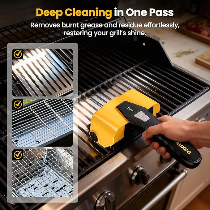 AUXCO Grill Brush - 4000mAh Electric Grill Brush for Outdoor Grill with Dual-Speed Motor, No Bristle Shedding BBQ Brush Cleaner, Dishwasher-Safe, 90 Mins Working Time with LED Light, As a Ideal Gift