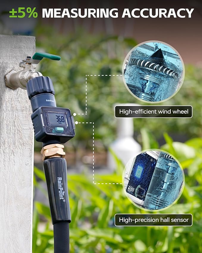 RAINPOINT Water Flow Meter, Measure Consumption and Flow Rate up to 9999.9 Gallon/Liter, ±5% Accuracy, Water Meter for RV, Garden Hose, Pool, Lawn Sprinkler & Nozzle Sprayer