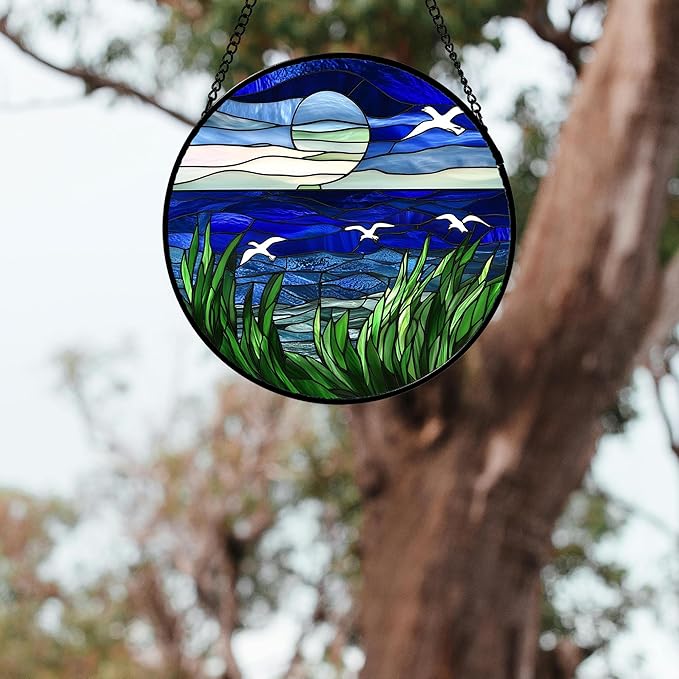 AMDERVEN Stained Glass Window Hanging 4 Pcs Set Navy Blue Ocean Landscape 7.8" - Suncatcher Door Garden Sun Catcher Decor Birthday Mother's Day for Mom Woman Nana Girl Boy Friend