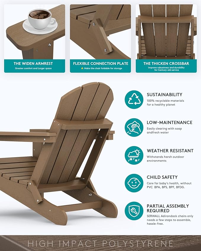 SERWALL Folding Adirondack Chair for Patio Garden Outdoors Fire Pit Chair- Brown
